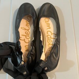 Sam Edelman black leather ballet flats with ribbon ankle ties 9